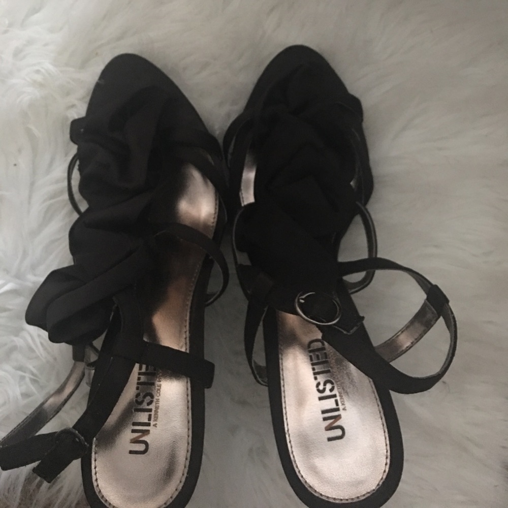 Black Satin flower heels by Unlisted